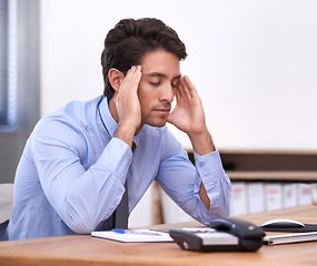 Image showing Headache, business man and stress at job from corporate career in office. Bankruptcy anxiety, tired company worker and burnout of a male person debt with policy deadline and report with fatigue