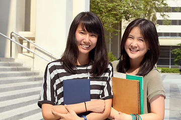 Image showing University, portrait of asian friends on campus and with books happy for learning development. Education or knowledge, positivity or academy and students together at college building outdoor