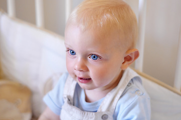 Image showing Happy, kids and baby in the crib of a nursery in his home for growth, child development or curiosity. Children, bedroom and toddler with a male or boy infant sitting in his cot looking adorable