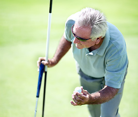 Image showing Senior man, smile or golfer with a golf ball in workout or exercise with birdie success on a course. Putting, golfing celebration or happy mature player training in sports game smiling in retirement