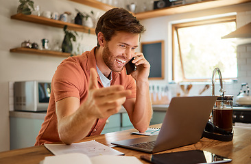 Image showing Phone call, laptop and business man in kitchen for remote work, communication and networking. Contact, technology and internet with person at home for freelancer, social media and connection