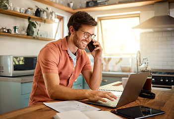 Image showing Online communication, man on a phone call and with laptop in kitchen for remote work at home with lens flare. Happy for connectivity or technology, social networking and male person with smartphone