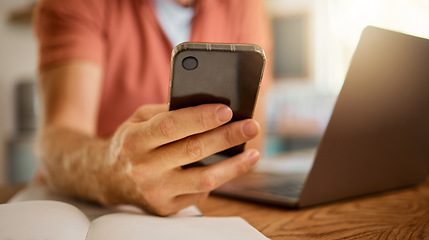 Image showing Man, hands and phone for social media, communication or networking in online chatting on table at home. Closeup hand of male person typing, browsing or texting on mobile smartphone app at the house
