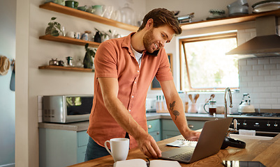Image showing Phone call, laptop and search with man in kitchen for remote work, communication and networking. Contact, technology and internet with person at home for freelancer, social media and connection