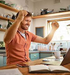 Image showing Man, fist and celebration on laptop for success, good news or winning in bonus promotion on table at home. Happy male person or freelancer in joy for victory, sale or discount in lottery or prize