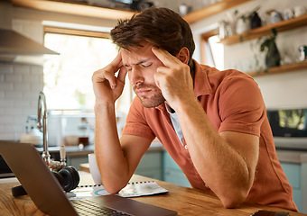 Image showing Headache, laptop and business man in kitchen for remote work, freelancer and mental health. Technology glitch, tired and frustrated with person thinking at home for burnout, exhausted and anxiety