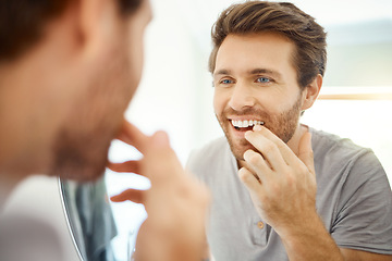 Image showing Teeth, morning routine and mirror with man in bathroom for self care, oral hygiene and dental. Cleaning, smile and health with face of male person at home for beauty, wellness and reflection