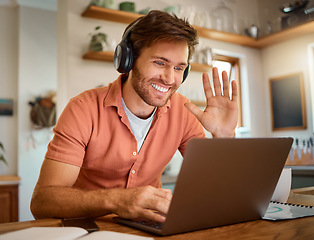 Image showing Wave, laptop and online meeting with man in kitchen for video call, remote work and virtual communication. Happy, hello and social media with person at home for technology, streaming and entrepreneur