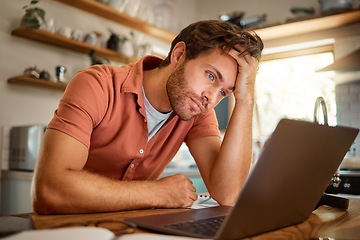 Image showing Stress, laptop and business man in kitchen for remote work, freelancer and mental health. Technology glitch, tired and frustrated with male person at home for burnout, exhausted and anxiety