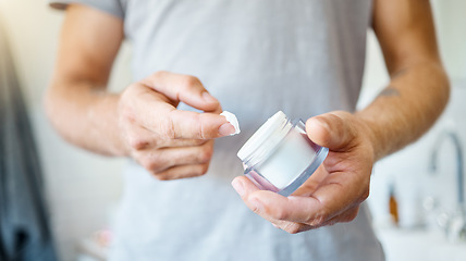 Image showing Bathroom, cream and hands of person with skincare body product for self care, skin hydration or morning beauty treatment. Cosmetics lotion, dermatology and closeup model apply moisturizer at home