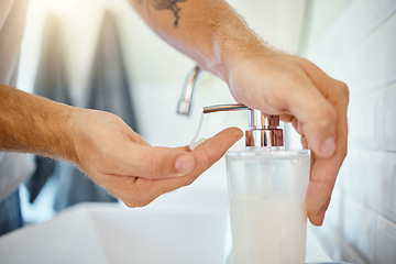 Image showing Bottle, soap or hands of man at tap for cleaning, washing or safety of virus, bacteria or germs in bathroom. Closeup, hand and liquid gel dispenser for hygiene, wellness and healthy habit of skincare