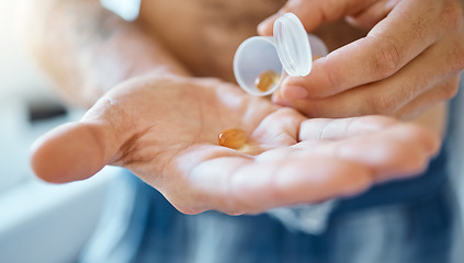 Image showing Hands, medicine and person with tablet, pills or supplements for healthcare, wellness or medication. Medical pharmaceutical, sick or closeup model with vitamin for health balance, energy or nutrition