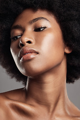 Image showing Face, black woman and natural beauty in studio, background or dermatology. African female model thinking of aesthetic shine, skincare treatment and facial glow for afro hair, self care or cosmetology