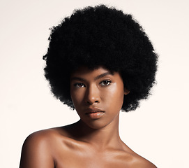 Image showing Natural beauty, skin care and portrait of black woman with afro, cosmetics and dermatology on white background. Skincare, studio and African model with serious face, salon makeup glow and wellness.