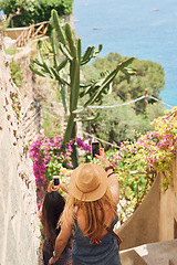 Image showing Friends, travel or women taking a selfie on holiday, vacation or weekend trip for quality time bonding. Flowers, mobile photography or back view of girls taking pictures on fun adventure in summer