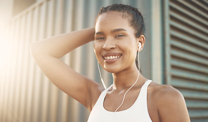 Image showing Earphones, portrait or happy girl runner streaming music to start training, workout or exercise in city. Resting, break or healthy sports woman athlete listening to radio or fitness podcast to relax