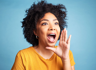 Image showing Announcement, hand and young woman isolated on blue background for scholarship, sale or university broadcast. Shout, voice and opinion of excited or happy african person or student for college news