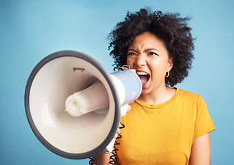 Image showing Megaphone, protest and young woman for human rights, racism and equality, freedom of speech, strong opinion or fight, African person voice, call to action or change and justice on a blue background