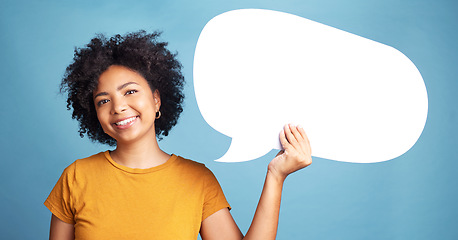 Image showing Speech bubble, communication portrait and woman chat, social media opinion and college talk, news or voice forum. Face of student or African person with FAQ mockup and quote sign on a blue background