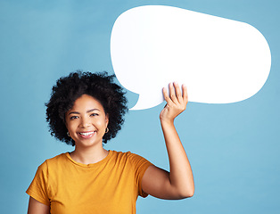 Image showing Speech bubble, portrait and woman voice, chat or social media opinion, college talk and news or University forum. Student or African person communication, FAQ mockup or quote sign on blue background