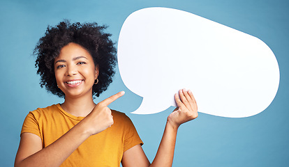 Image showing Speech bubble, communication portrait and woman pointing, social media and college talk, news or voice. Face of student or African person with chat mockup, opinion or quote sign on a blue background