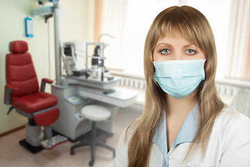 Image showing Female ophthalmologist in protective mask