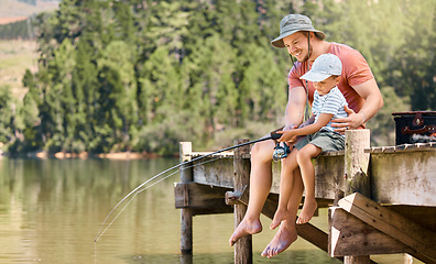 Image showing Father, lake and teaching child fishing with rod together for fun bonding, activity or lesson in nature. Happy dad, kid or son relaxing by water or river for learning hobby, catch or fish outdoors