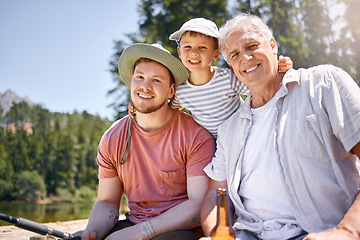 Image showing Portrait, grandfather and man with son at lake with woods for happiness for vacation on weekend. Hobby, boy and grandparent with generations with rod at river with child for bonding or fun at camp.