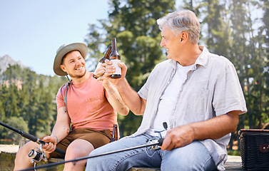 Image showing Fishing, lake and senior male or son with drink for happiness or adventure at forest on vacation. Hobby, river and rod with man and grandfather with beer on holiday together for bonding in nature.