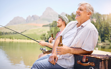 Image showing Fishing, father and son with beer to relax in outdoors for holiday with forest or bonding. Parent, man and happy with rod at river for adventure with woods or alcohol with travel for weekend.