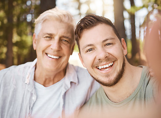 Image showing Happy man, selfie or senior father in woods or nature for family memory or bonding with smile, care or love. Portrait, photography or mature dad taking pictures together for social media with son
