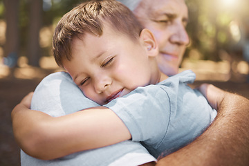 Image showing Love, grandfather and hug with child in park, woods or camping trip in nature with happy family quality time. Grandpa, kid or boy embracing, hugging or show loving emotion to senior or elderly man