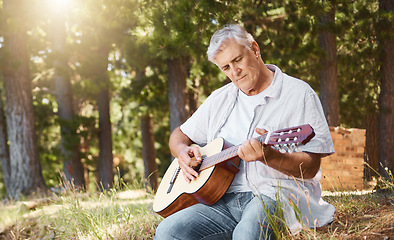 Image showing Senior man, guitar and forest for camping, music and relax with freedom, peace and outdoor in summer. Elderly person, instrument and performance in woods, sunshine and retirement on holiday in nature