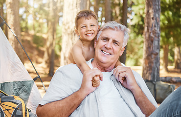 Image showing Senior man, child and camping portrait outdoor in nature with a smile, fun and family travel. Happy grandpa and kid camper at a camp site, forest or woods with love for adventure and summer holiday