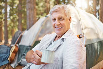 Image showing Camping, morning and portrait of senior man with coffee on holiday or vacation adventure in a forest or woods. Smile, happy and elderly person or camper relax by a tent in nature enjoying retirement