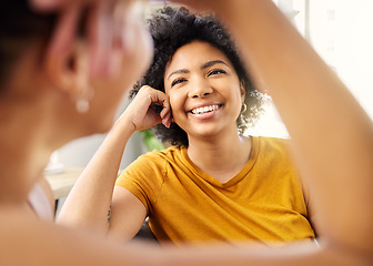 Image showing Friends, talking and women on sofa with smile, bonding and conversation in living room to relax in support and love. Happiness, friendship and woman on couch listening to gossip or discussion in home