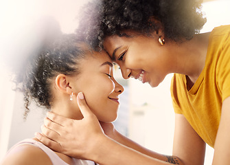 Image showing Forehead, lesbian and women with love, lgbtq and smile with romance, support and happiness. Queer, female people and girls with care, homosexual relationship and relax with a loving relationship