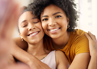 Image showing Smile, friends and face selfie of women in home for memory, social media and profile picture. Girls, photography and portrait of African people bonding, blog together and happy influencer in house.