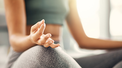 Image showing Woman, hands and yoga in meditation for inner peace, zen workout or exercise on loving room floor at home. Hand of calm female person or yogi meditating in relax for spiritual wellness or awareness