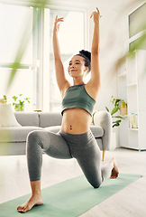 Image showing Yoga, lunge stretch and woman at home with zen, relax and wellness for health in a living room. Young female person, apartment and lounge with pilates and flexibility exercise in house feeling calm