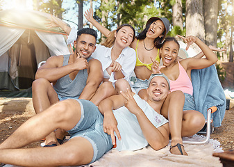 Image showing Friends, portrait and camping in the woods with adventure and diversity, happiness and people have fun together outdoor. Forest, sunshine and travel, women and men with smile and freedom in summer