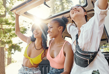 Image showing Van, travel and camping with friends in nature for adventure, summer vacation and bonding. Relax, happiness and wellness with group of women in woods for road trip journey, social and diversity