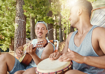 Image showing Musician, friends and camping with guitar, drum and together for music on summer, holiday in the woods or nature. Men, happiness and people playing or sing in musical performance, song or band