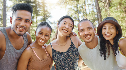 Image showing Friends, camping in nature and smile in portrait, diversity and bonding with group of people in forest and travel. Summer, fun and happiness, young men and women relax together outdoor with adventure