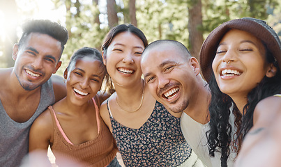 Image showing Friends, camping and selfie, adventure and happy, travel with diversity and bonding, group of people in nature. Summer, fun and happiness, men and women smile in picture, memory and relax outdoor