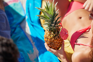 Image showing Pineapple drink, beach and woman in bikini for summer, holiday and tropical vacation with healthy food or juice. Cocktail drink, fruit and person relax outdoor in sunshine for travel and diet body