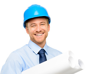 Image showing Architecture, blueprint and isolated with portrait of man in studio for engineering, happy and building, Graphics, floor plan and construction with male contractor on white background for inspection