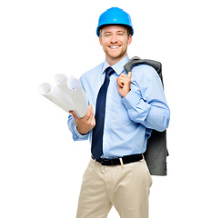 Image showing Architecture, blueprint and portrait of business man in studio for engineering, designer or building, Graphics, floor plan and construction with contractor isolated on white background for inspection