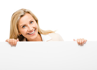 Image showing Portrait, banner and mature woman with in studio to mockup, timeline or news on white background. Face, smile and lady show steps, menu or promo, announcement or coming soon, deal or presentation