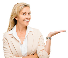 Image showing Happy woman, portrait and hand holding in studio for offer, promo deal or info isolated on a white background. Palm, smile and mature female person pointing to mockup, space or sale presentation